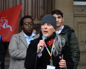 Cllr Jenkins speaking at a rally against youth service cuts