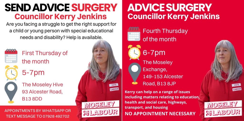 DETAILS OF THE ADVICE SURGERIES AND AN IMAGE OF CLLR JENKINS