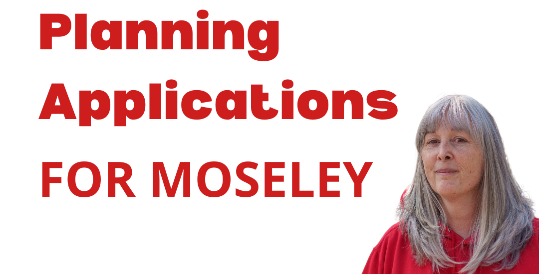 Text "Latest planning applications for Moseley - Moseley Labour" with an image of Cllr Kerry Jenkins