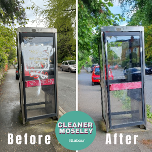 image of a BT phone box before and after. Cleaner Moseley.