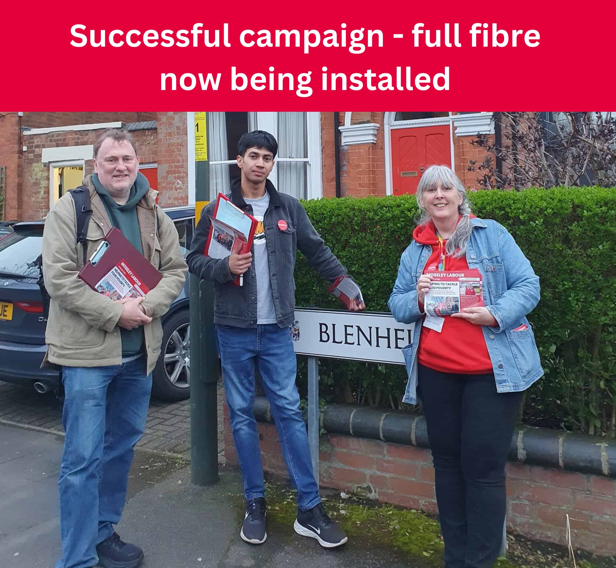 Cllr Kerry Jenkins out campaigning, with the text "Successful campaign - full fibre now being installed"