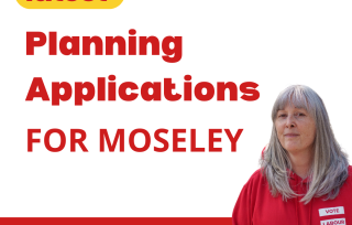 Image of Cllr Kerry Jenkins with text "latest Planning Applications for Moseley, Moseley Labour, Cllr Kerry Jenkins for Moseley Ward"