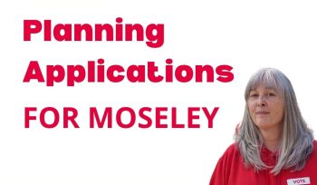 Image of Cllr Kerry Jenkins with the text "latest planning applications for Moseley, Moseley Labour, Cllr Kerry Jenkins for Moseley Ward"