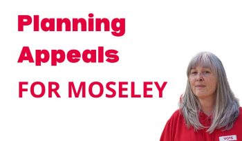 Image of Cllr Kerry Jenkins with the text "latest planning appeals for Moseley, Moseley Labour, Cllr Kerry Jenkins for Moseley Ward"