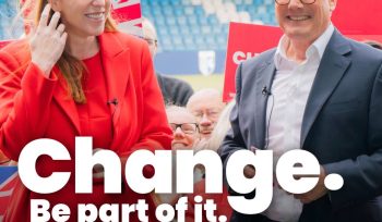 Image of Angela Rayner and Keir Starmer with the text "Change. Be part of it. Vote Labour, Thursday 4th July"