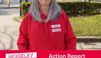 Image of Cllr Kerry Jenkins with text "Moseley Labour, Action Report July 2024, Cllr Kerry Jenkins for Moseley Ward"