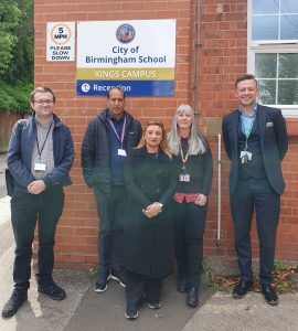 Image of Cllr Kerry Jenkins meeting staff at City of Birmingham School