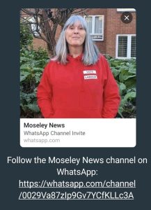 Cllr Kerry Jenkins with the text "Moseley News, Whatsapp Channel Invite, whatsapp.com, Follow the Moseley News channel on WhatsApp: https://whatsapp.com/channel/0029Va87zIp9Gv7YCfKLLc3A"