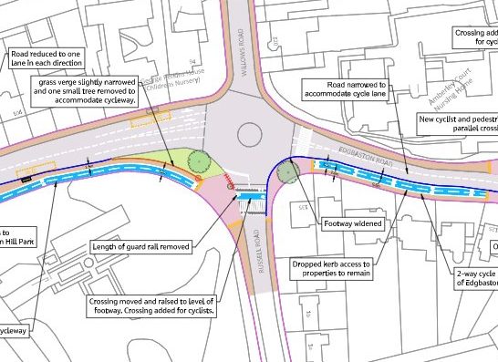 Map of new planned Moseley - Cannon Hill Park cycle routes